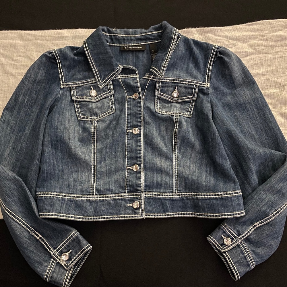 INC Denim Cropped Jacket w/ Gem Buttons